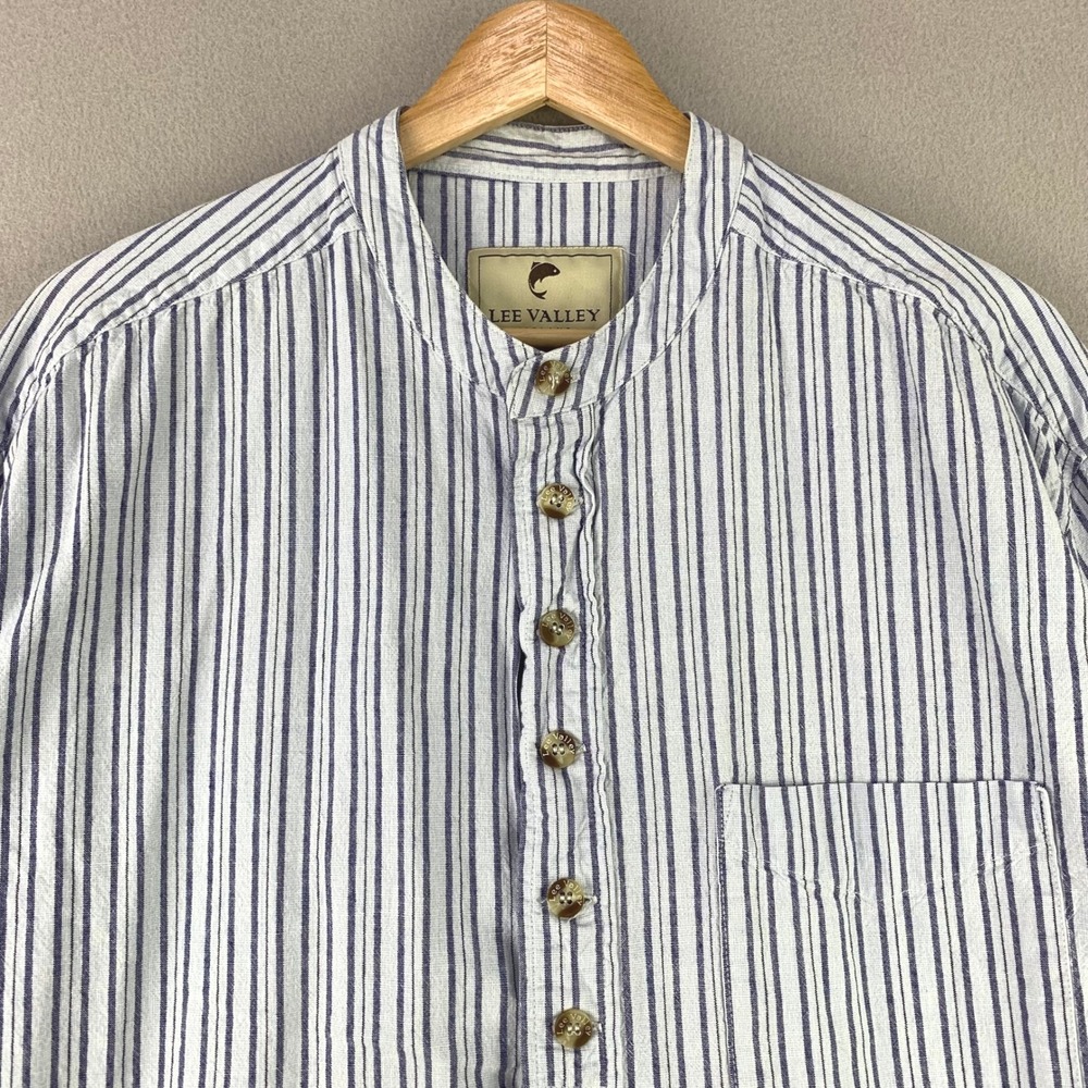Lee Valley Ireland Grandfather Shirt Mens M Blue Striped Cotton Band Collar